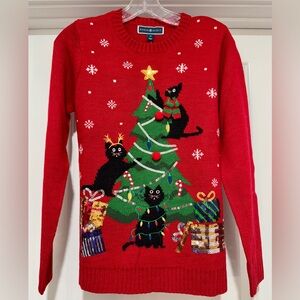 NWT‎ Karen Scott Red Christmas Tree Cat Sweater Size Small Petite